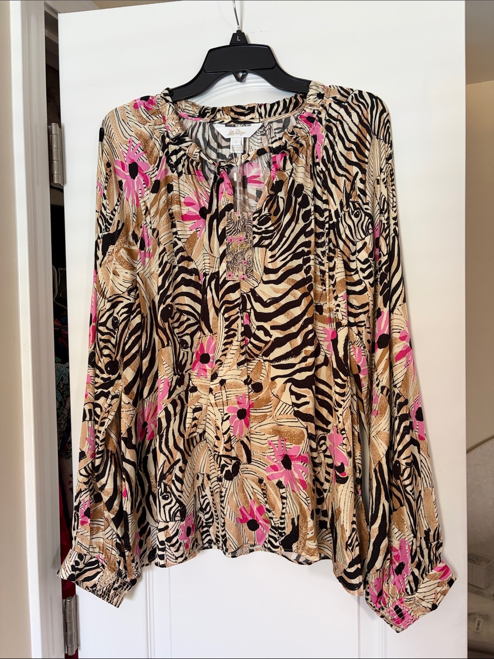 Lilly Pulitzer Tan, Black & Pink Zebra-Print Floral Blouse - Picture 2 of 5